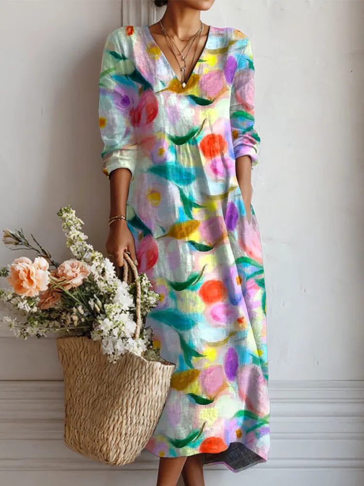 Women's Vintage Flower Art Print Linen Pocket Tunic Dress