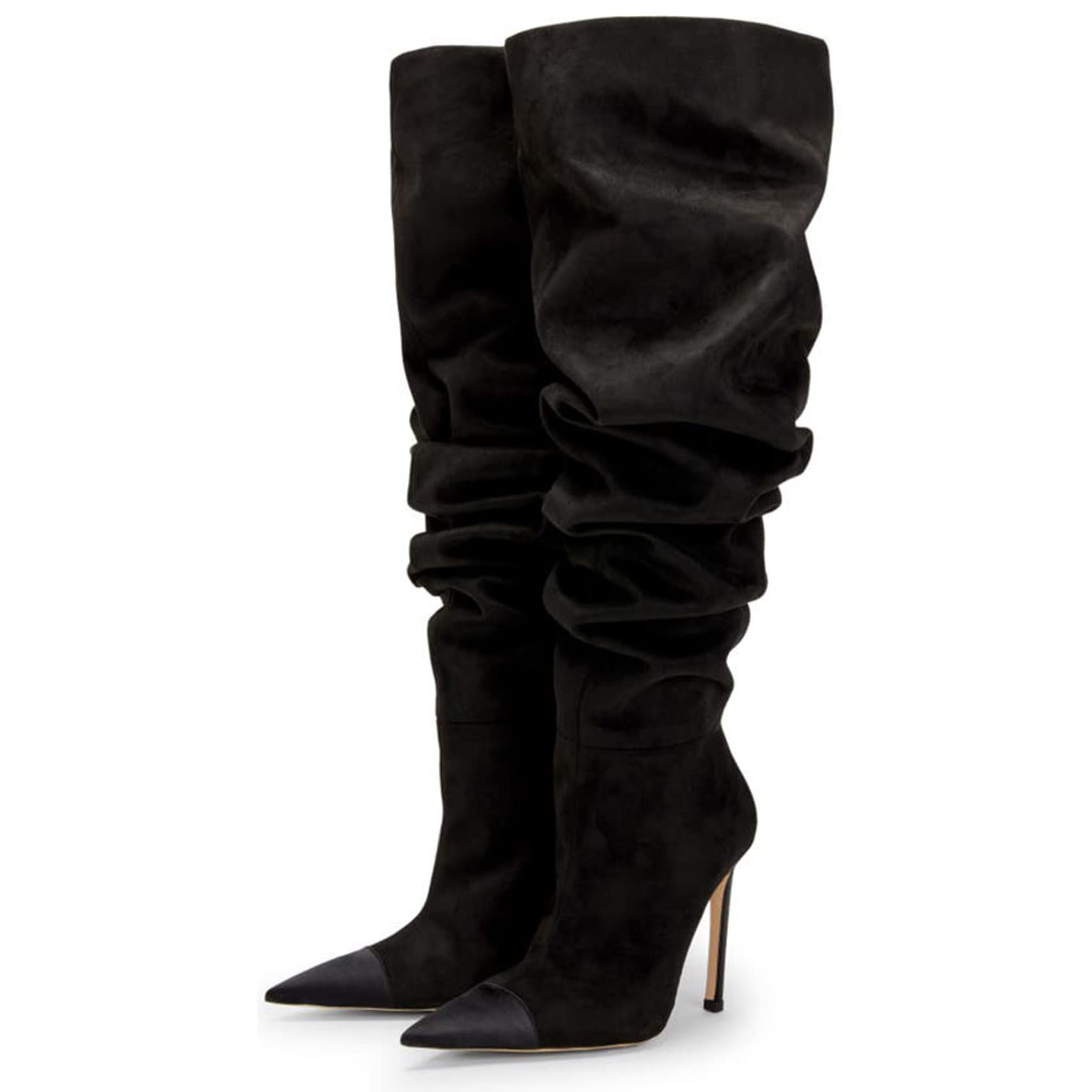 Black Faux Suede Pointed Toe High Heel Knee-High Slouch Boots