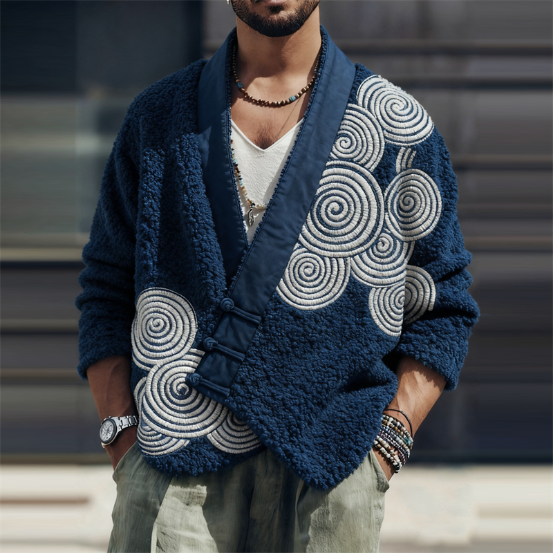 Men&lsquo;s Japanese Sea Wave Ripples Embroidered Cozy Fleece Kimono Cardigan