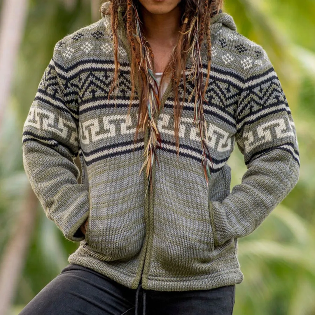 Mens Vintage Fair Isle Knitted Hooded Cardigan