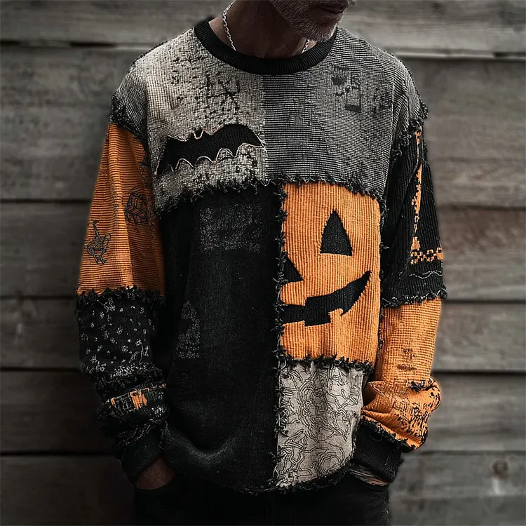 Halloween Pumpkin & Bat Irregular Patchwork Men's Sweatshirt