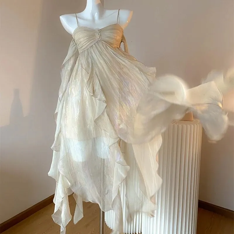 Nigikala Fashion Irregular Beach Strap Dress Female Elegant Chiffon Fairy Party Vestidos Korea Summer Casual Clothing