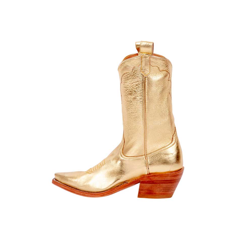 Gold Metallic Closed Toe Chunky Heel Cowgirl Booties