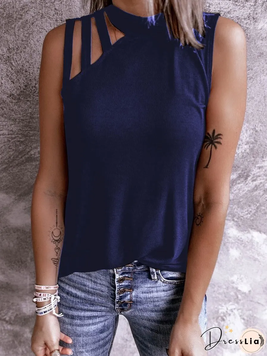 Solid Color Hollow Round Neck Tanks Tops