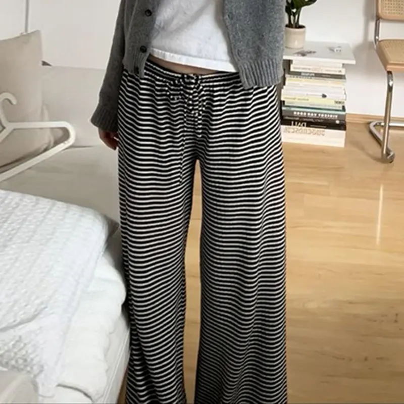 Nigikala Nigikala Wind Stripe Knitting Bump Color Casual Pants Female Low Waist Loose Straight Tube Contracted Base Trousers