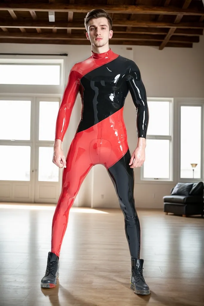 Men Latex Catsuits Spiral Red Black Asymmetrical