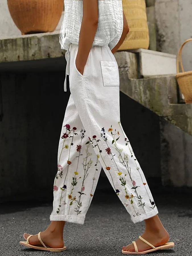 Women's Botanical Floral Print Lace-Up Loose Casual Pants