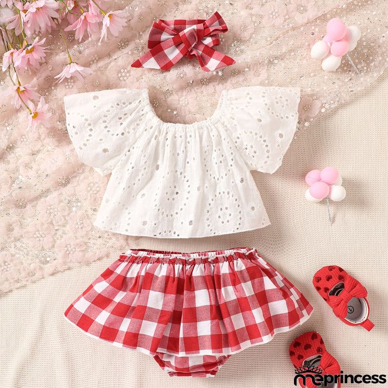 Eyelet Round Neck Top and Plaid Skort Set