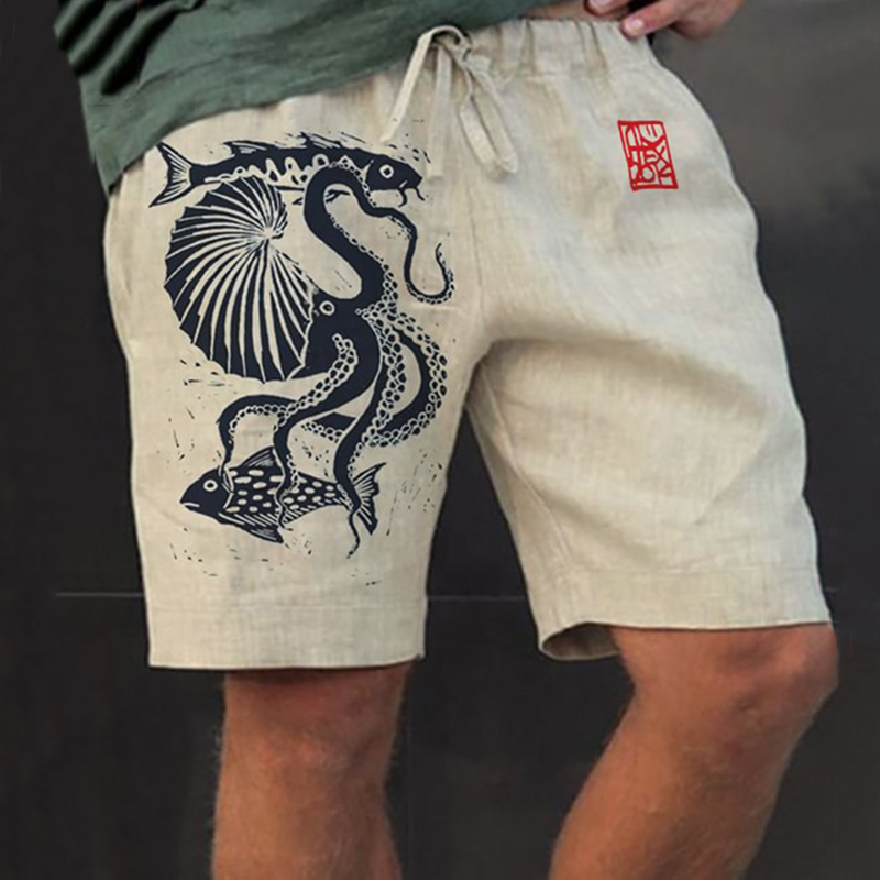 Men'S Fish Octopus Japanese Art Print Casual Shorts  artssus