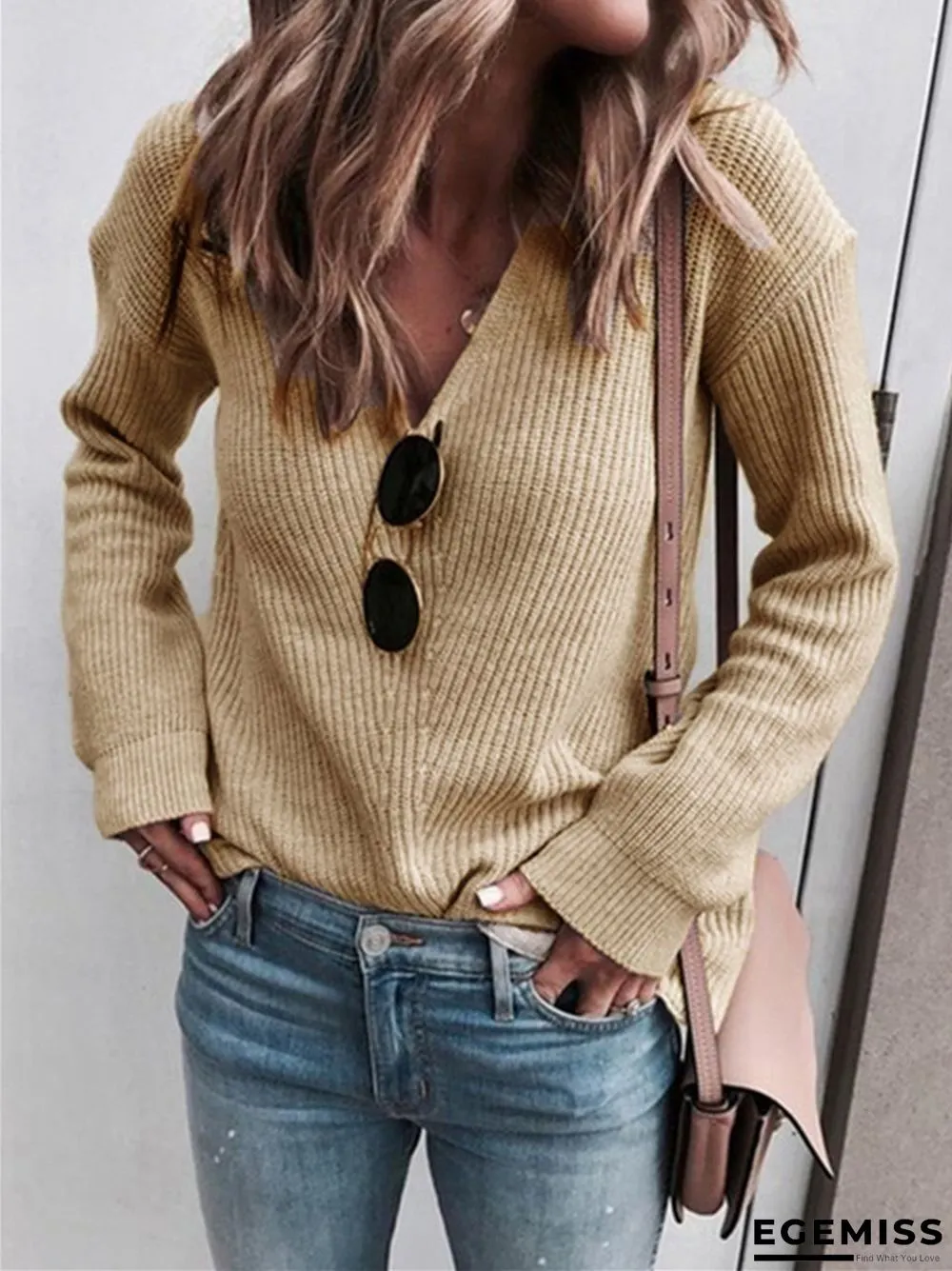 Fashion V-neck Solid Color Knitted Sweater | EGEMISS