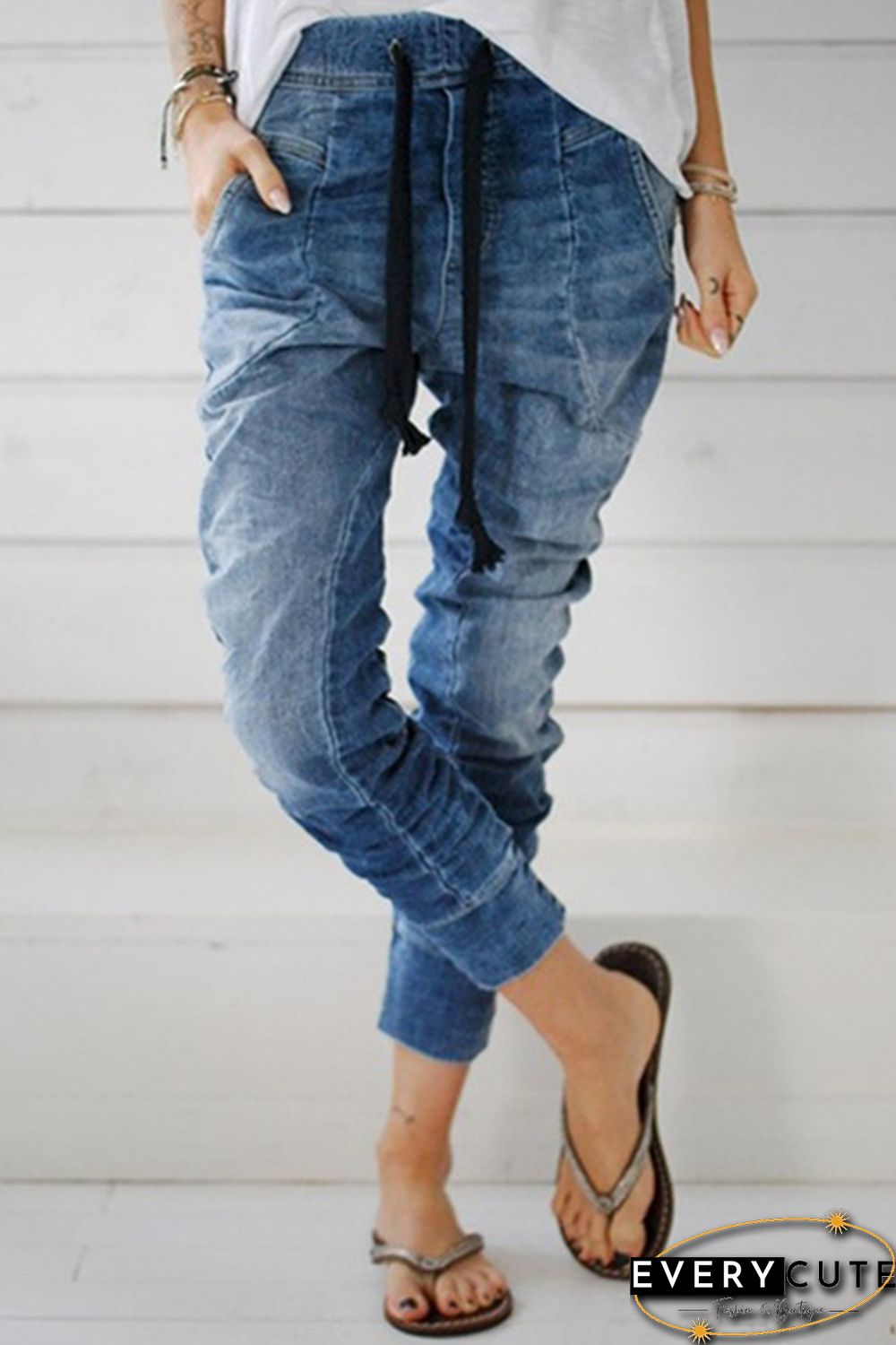Light Blue Drawstring Elastic Waist Jogger Jeans