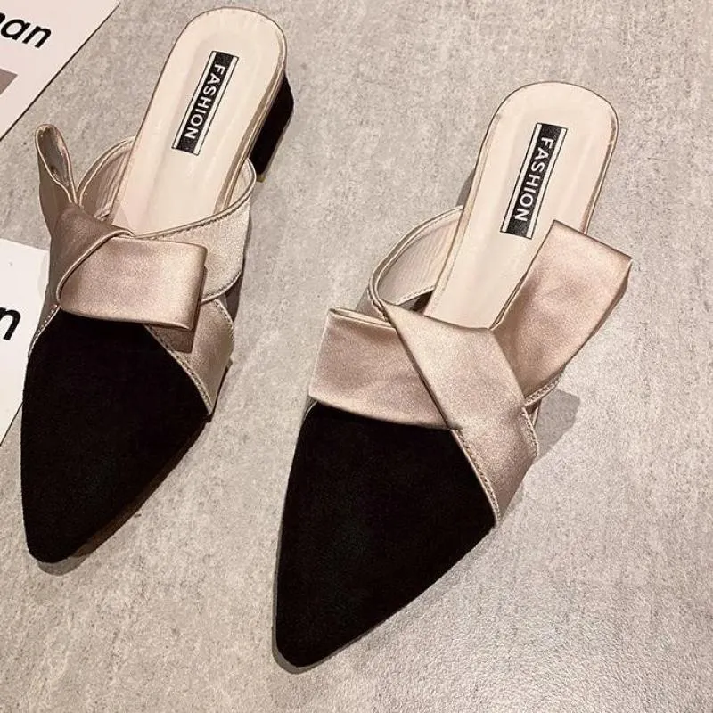 2022 Hot Sales Pointed Toe Women Slippers Bow Slides Party Square High Heels Mules Shoes Elegant Ytmtloy Indoor Zapato Mujer