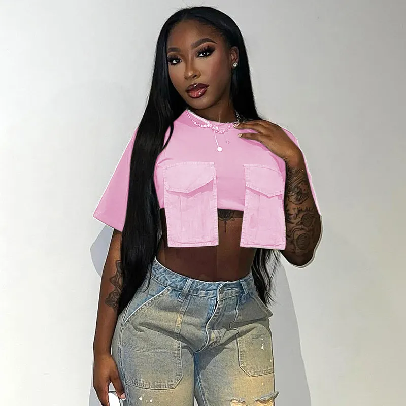 Brownm Brownm Women's Summer New Fashion Wear Round Neck Short Sleeves Pocket Ultra-Short T-Shirt Top