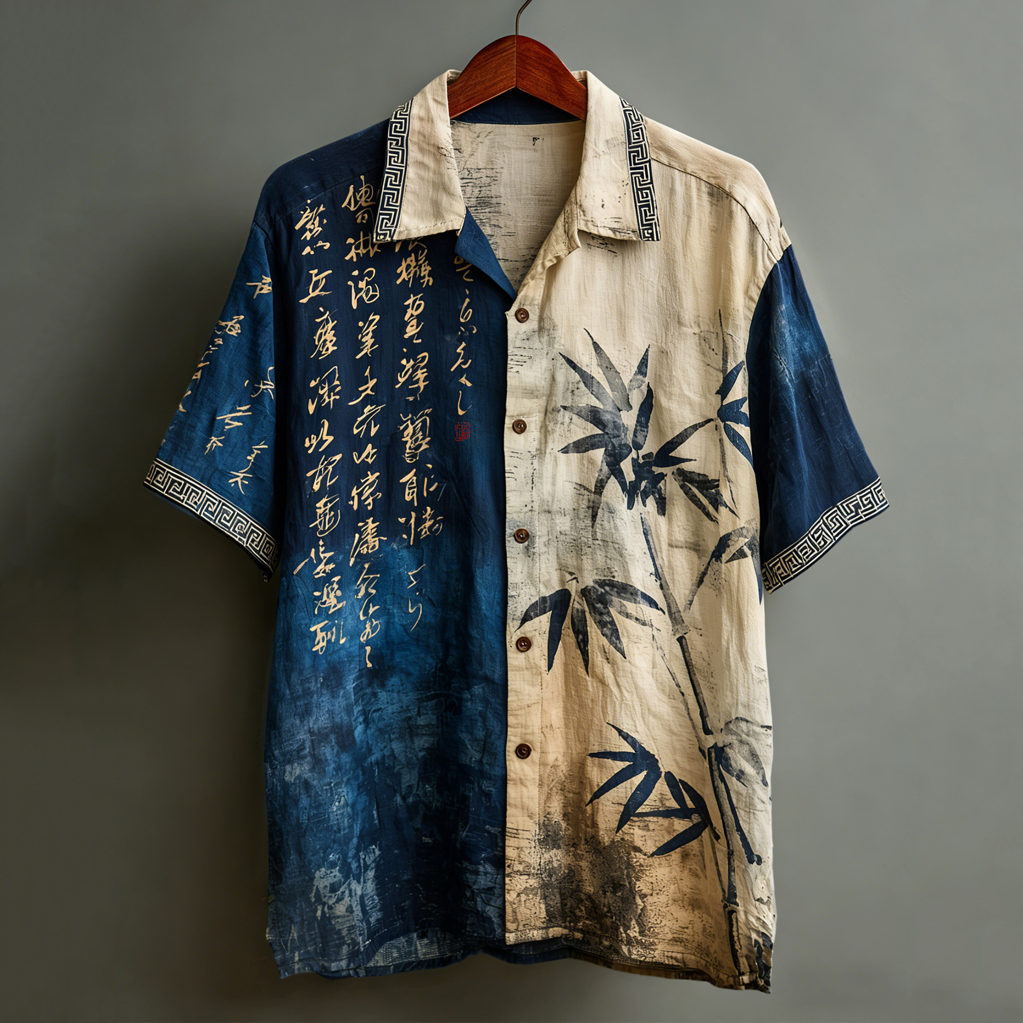 Men's Retro Ancient Calligraphy And Bamboo Leaves Printed Short-sleeve Shirt elevenforest