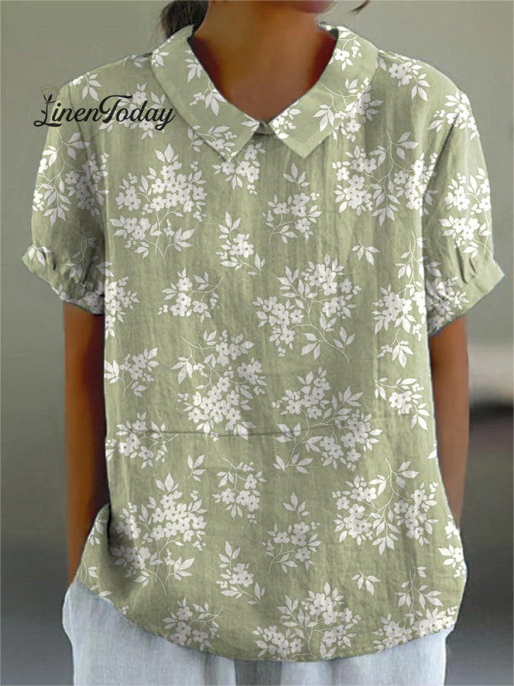 Spring Floral Silhouette Repeat Pattern Printed Women&rsquo;s Casual Cotton And Linen Shirt Green / S