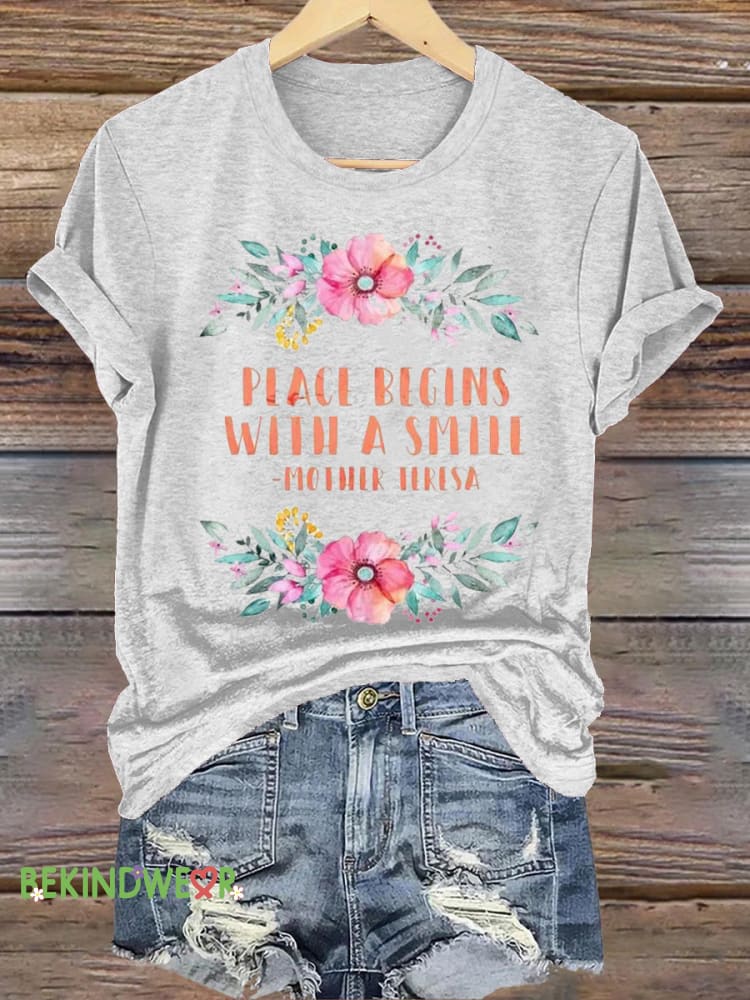 Please Begins With A Smile Print Casual Crew Neck Short Sleeve T-Shirt White / S