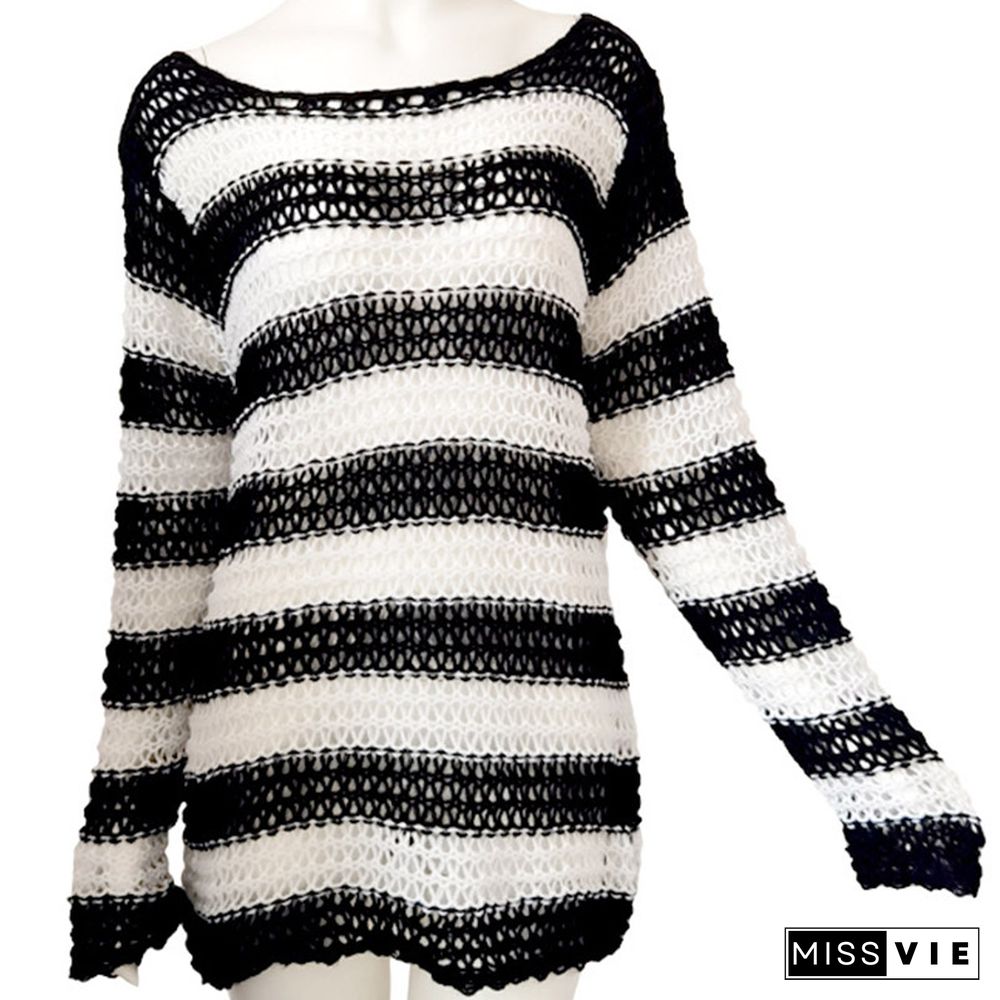 Colorbock Stripe Knit Hollow Out Hole Ripped Sweater