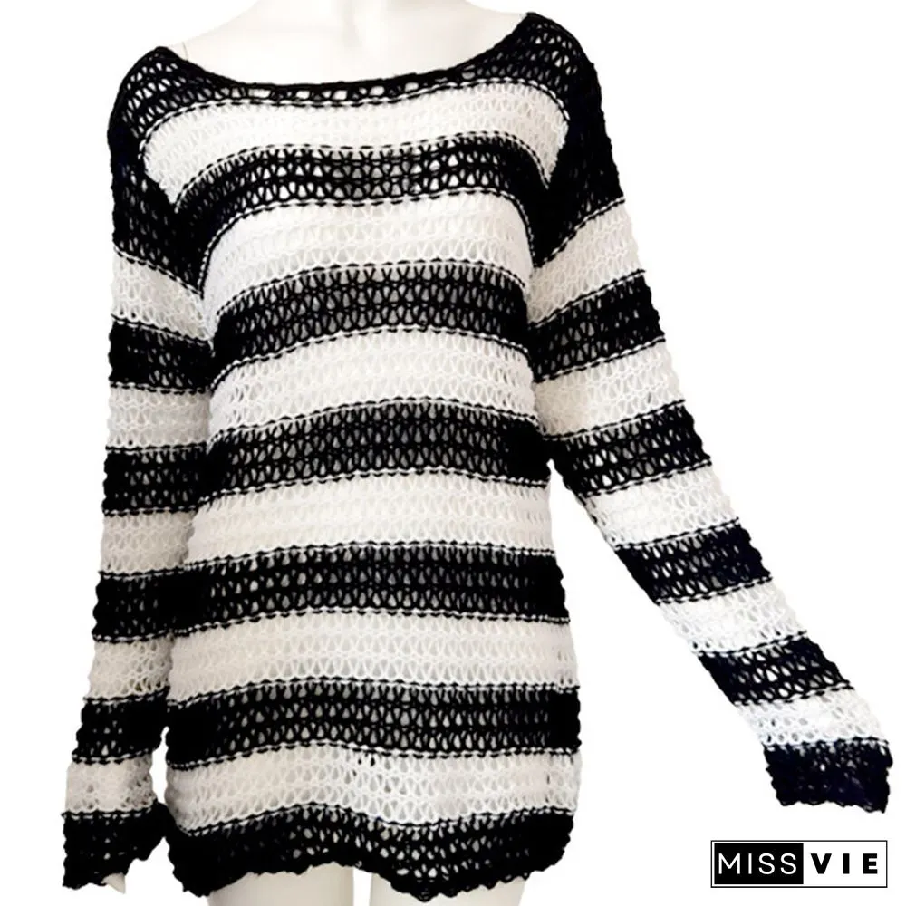 Colorbock Stripe Knit Hollow Out Hole Ripped Sweater