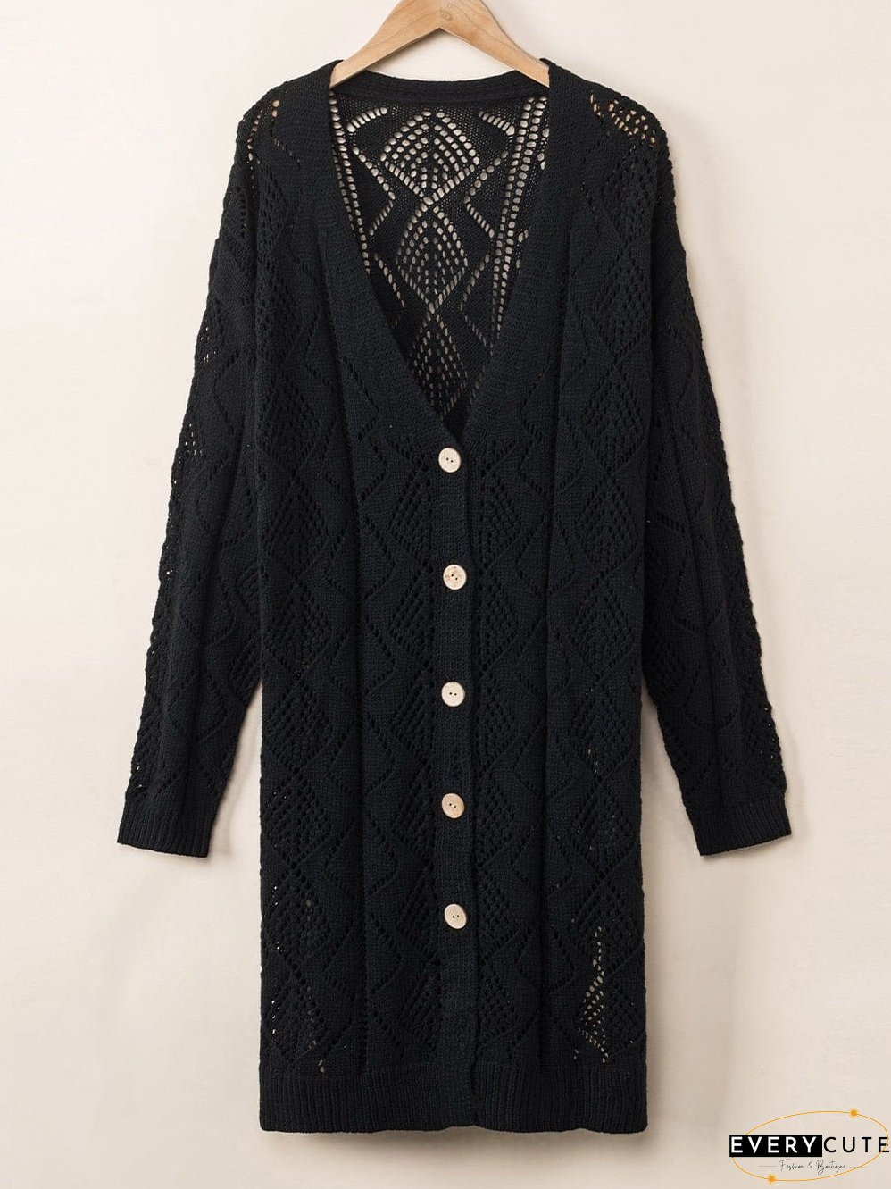 Elegant Black Crochet Knit Openwork Cardigan