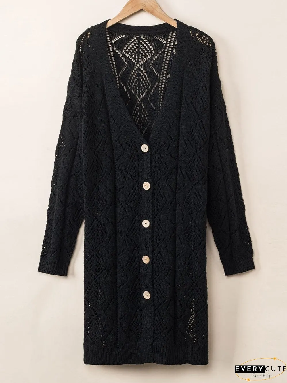 Elegant Black Crochet Knit Openwork Cardigan