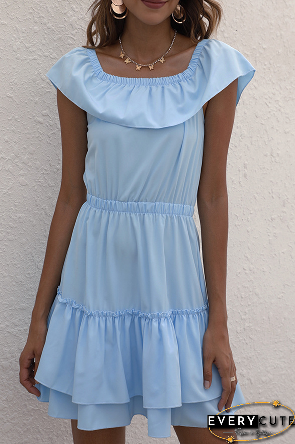 Casual Solid Split Joint Flounce Off the Shoulder Waist Skirt Dresses
