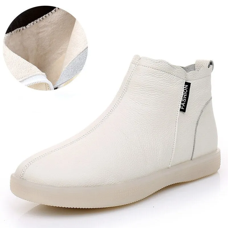 Fujin Warm Wool Motorcycle Slip on Super Comfortable Booties Footwear Winter Shoes Genuine Leather Cow Women Ankle Boots
