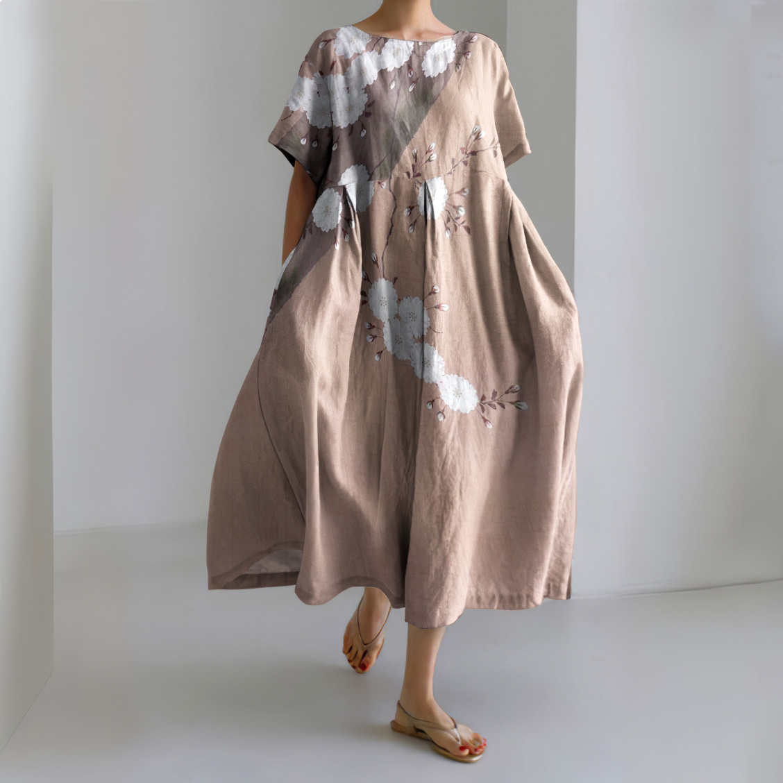 Japanese Art Flower Print Short Sleeve Casual Midi Dress