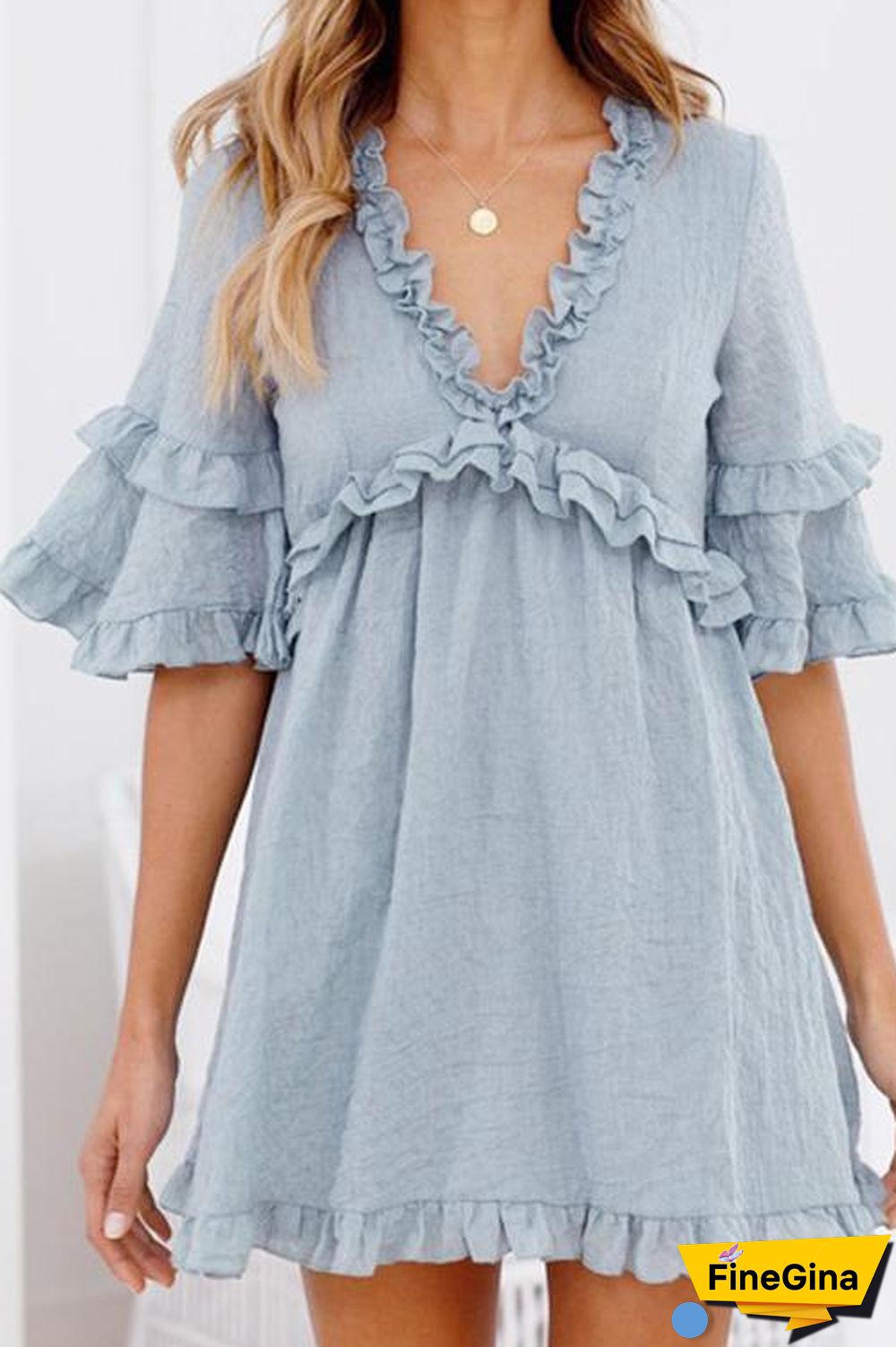 Ruffled Lace-up V-neck Dress