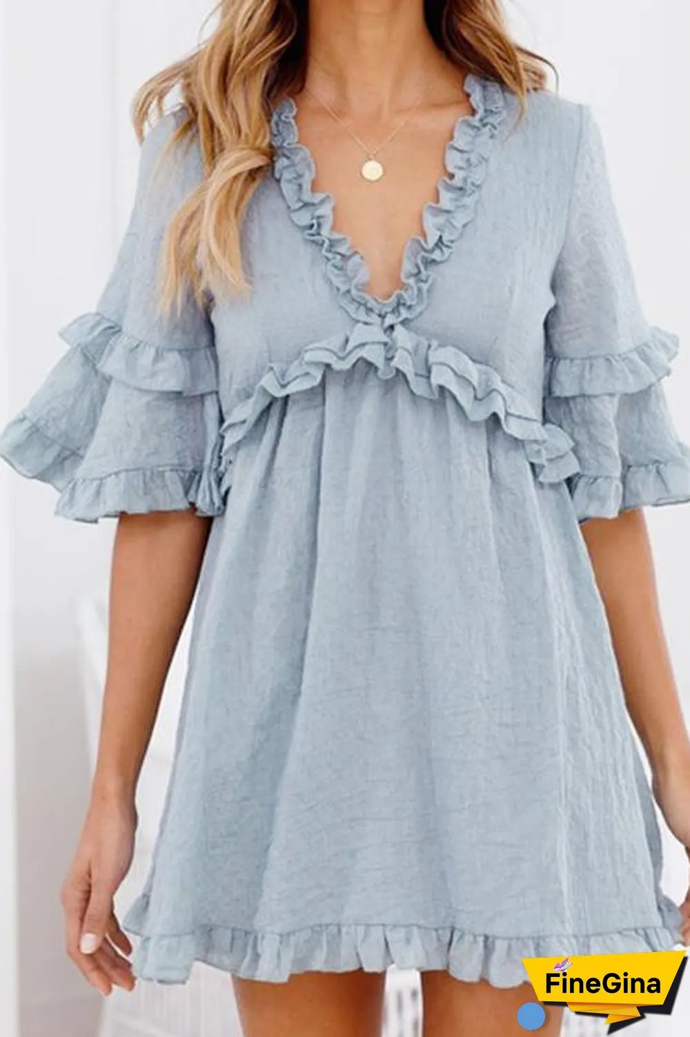 Ruffled Lace-up V-neck Dress