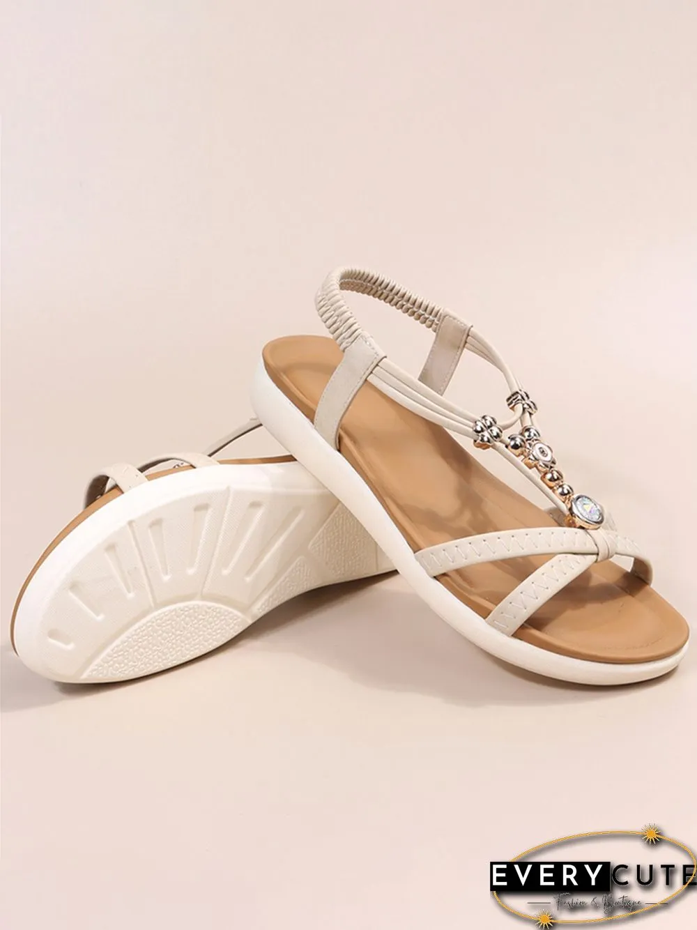 Moonstone Beaded Thin Strap Cross Boho Casual Sandals