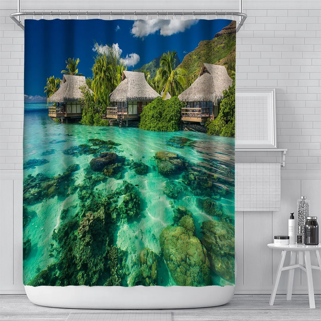 3D Seascape Beach Printed Fabric Shower Curtains Bathroom Curtain Bath Screen Waterproof Products Home Decor with Hooks
