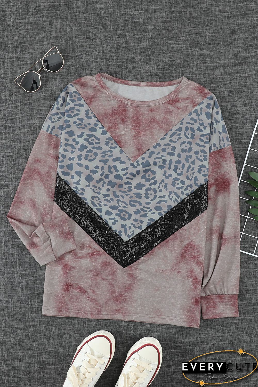 Leopard Sequin Splicing Khaki Tie Dye Long Sleeve Top