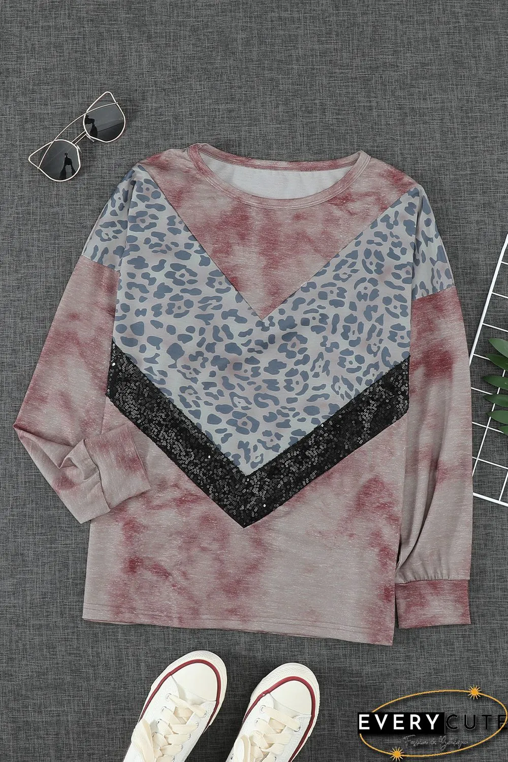 Leopard Sequin Splicing Khaki Tie Dye Long Sleeve Top
