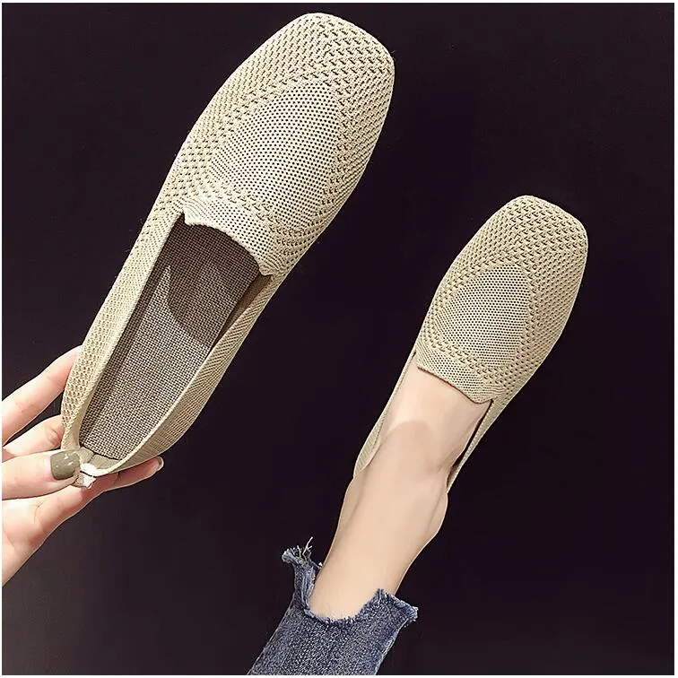 2022 Plus Size Spring New Ballet Flats Women Square Toe Knit Fabric Loafers Breathable Flat Heel Drive Shoes Driving Sneaker