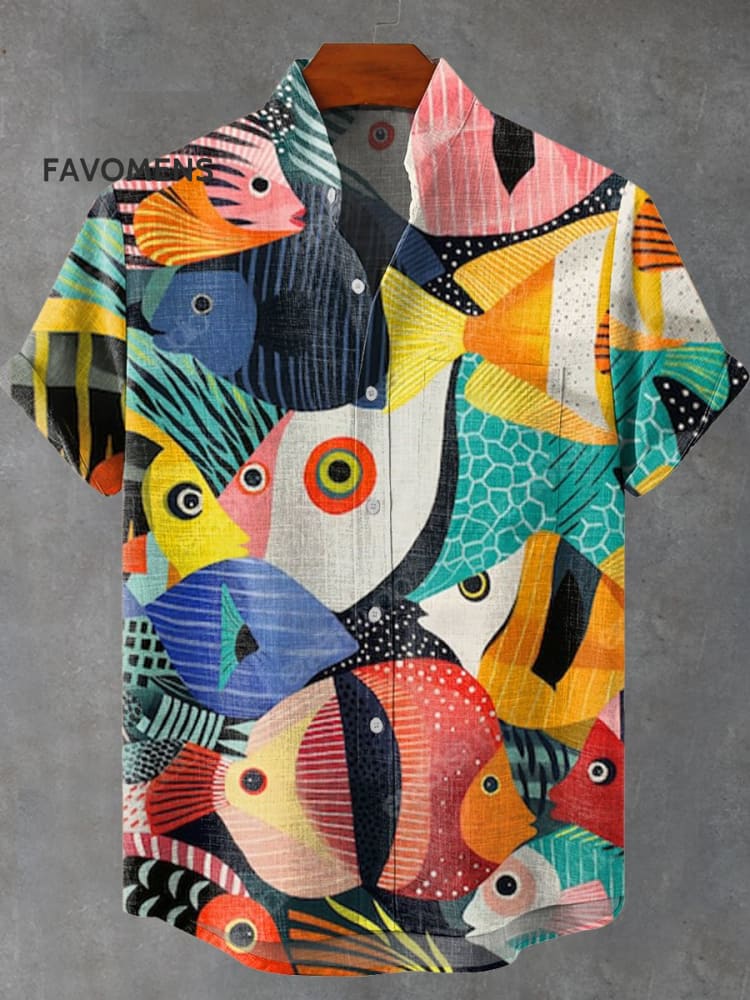 Colorful Art Fish Vintage Print Casual 100% Cotton Shirt Multicolor / S