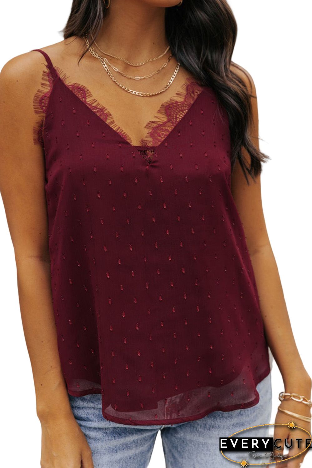 Red Eyelash Lace Trim Textured Cami Top