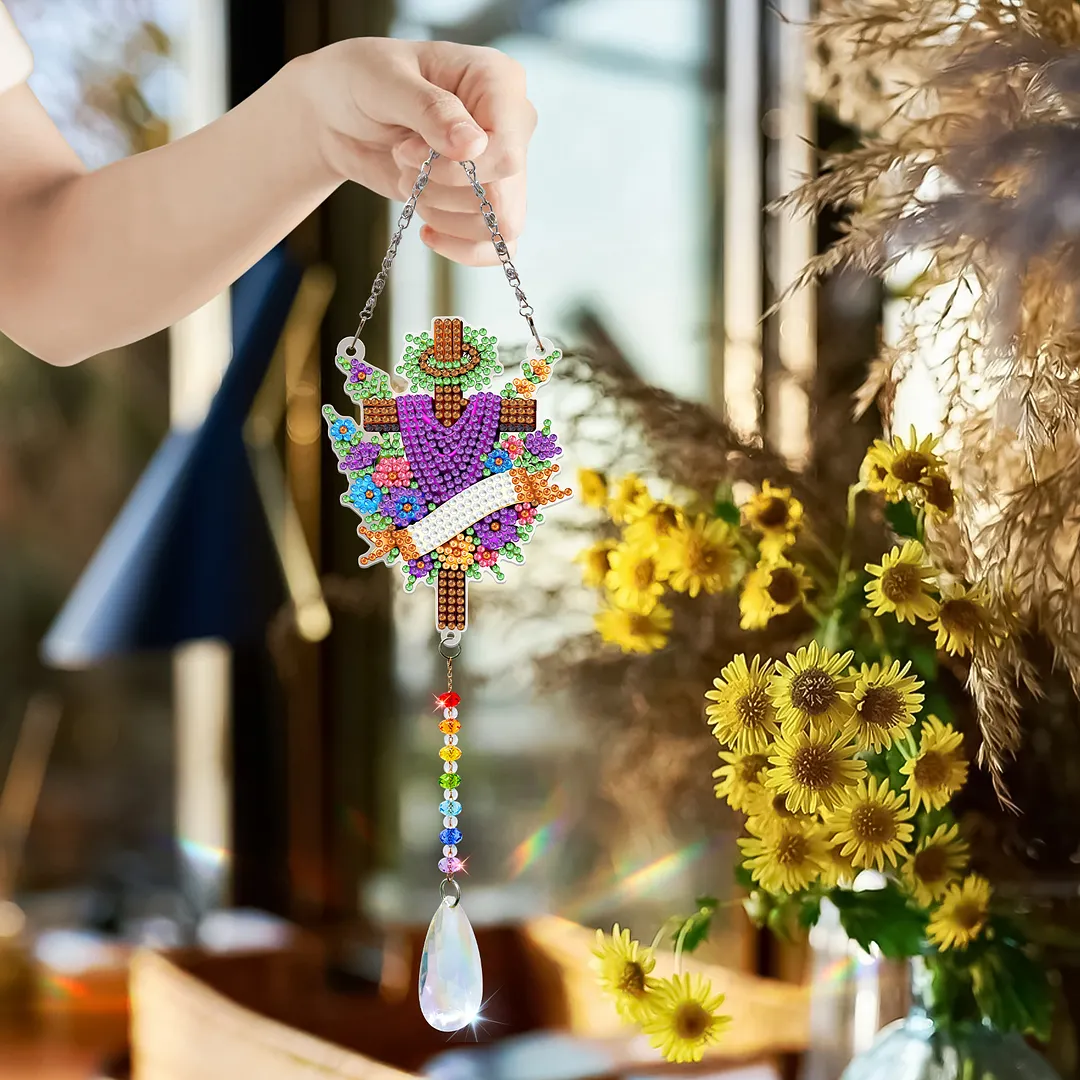 2Pcs Cross Faith DIY Acrylic Diamond Painting Art Wind Chimes with Crystal Pendant Diamond Art Hanging Pendant Double-Sided for Adults Beginners Gift Home Garden Decor