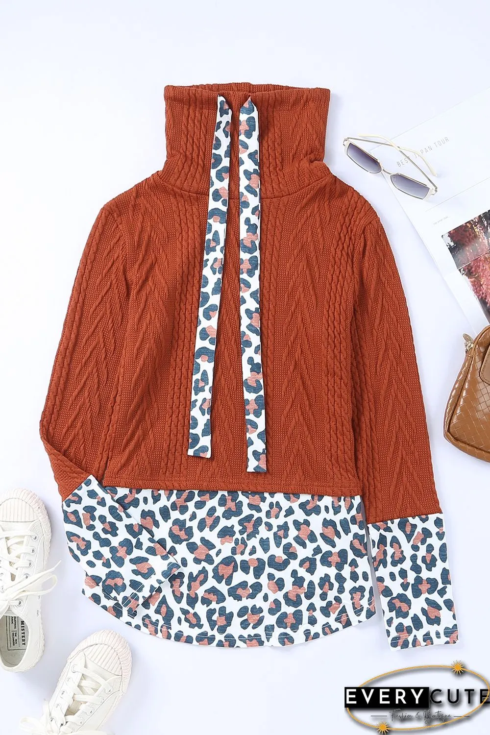 Leopard Patchwork Cowl Neck Knit Top