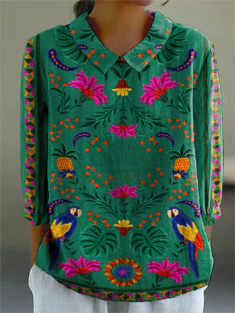 Women's Vintage Floral Parrots Pattern Art Print Casual Cotton And Linen 3/4 Sleeve Shirt