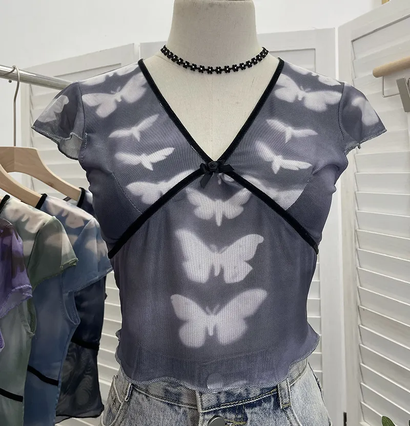 Churchf Sexy Hottie V-Neck Butterfly Print Short-Sleeved T-Shirt Slime Short-Navel Net T-Shirt Girl 9920