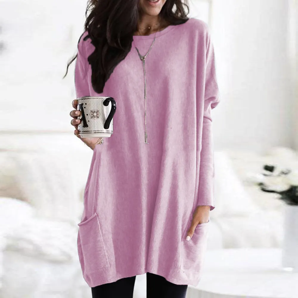 Brownm Autumn Pullover Casual Round Neck Long Sleeve Pocket T-shirt Top