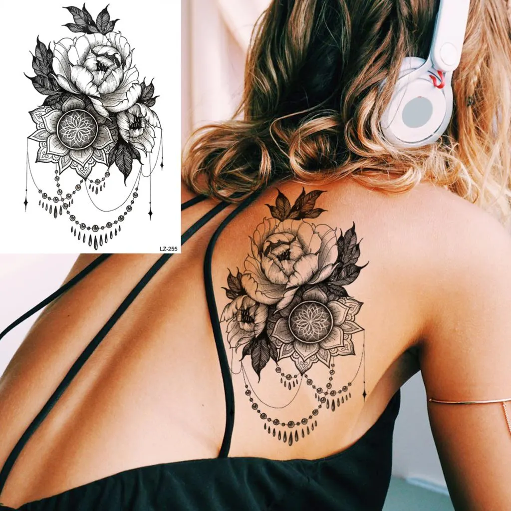 Sdrawing Peony Flower Temporary Tattoos For Women Adults Realistic Compass Moon Pendant Fake Tattoo Sticker Arm Body Tatoos
