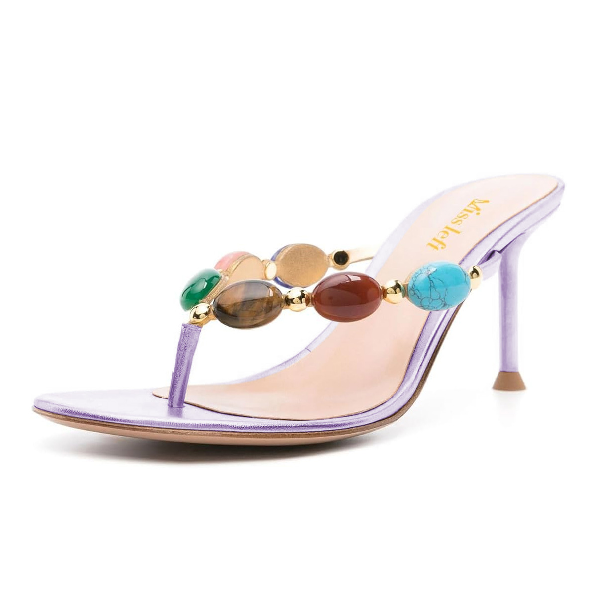 Purple Faux Leather Round Toe Stiletto&nbsp;Heel Jewelled Women Sandals Nicepairs