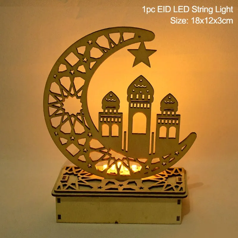 LED Eid Mubarak Wooden DIY Craft Ornament Pendant Islam Muslim Party Home Decoration Al Adha Ramadan Kareem Event Party Supplies