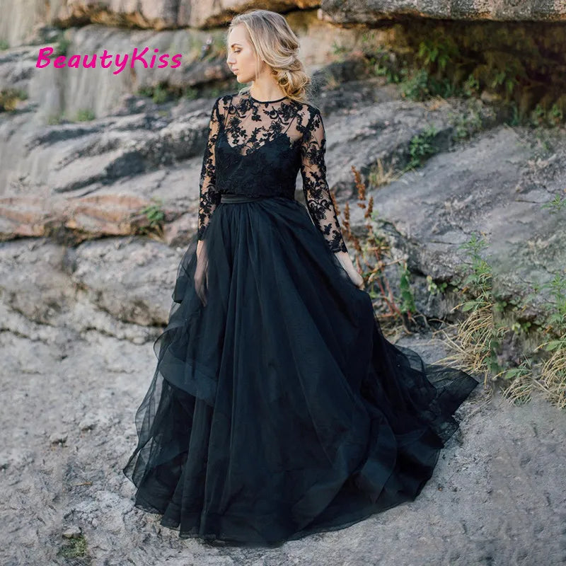 navy blue dress for baby girl June Bridals Black Gothic A-Line Plunging Floor Summer Wedding Dress Sexy Elegant Satin Bridal Gown with Sweep Train