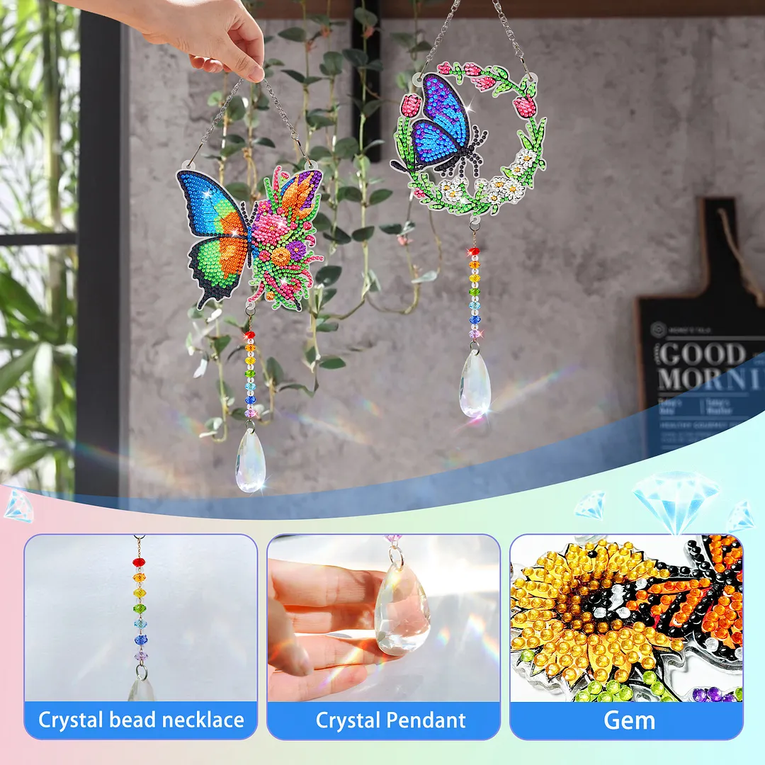 2Pcs Wreath Butterfly DIY Double-Sided Diamond Painting Hanging Kits Diamond Painting Suncatcher Craft Kit for Home Garden Wall Decor Gift