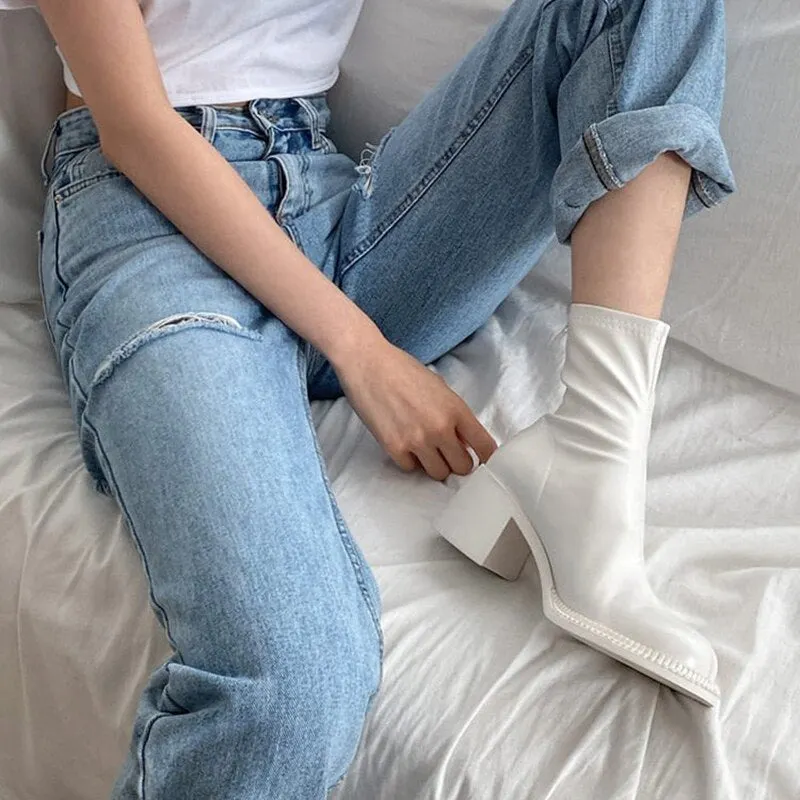 Lucyever Vintage Big Toe Chunky Heels Boots Women Pu Leather Platform Ankle Boots Ladies Elastic Zipper Autumn Winter Booties