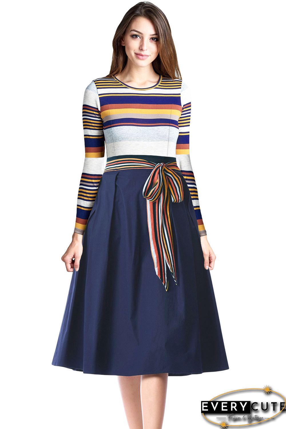 Navy Yellow Striped Poplin Sash Tie Midi Dress