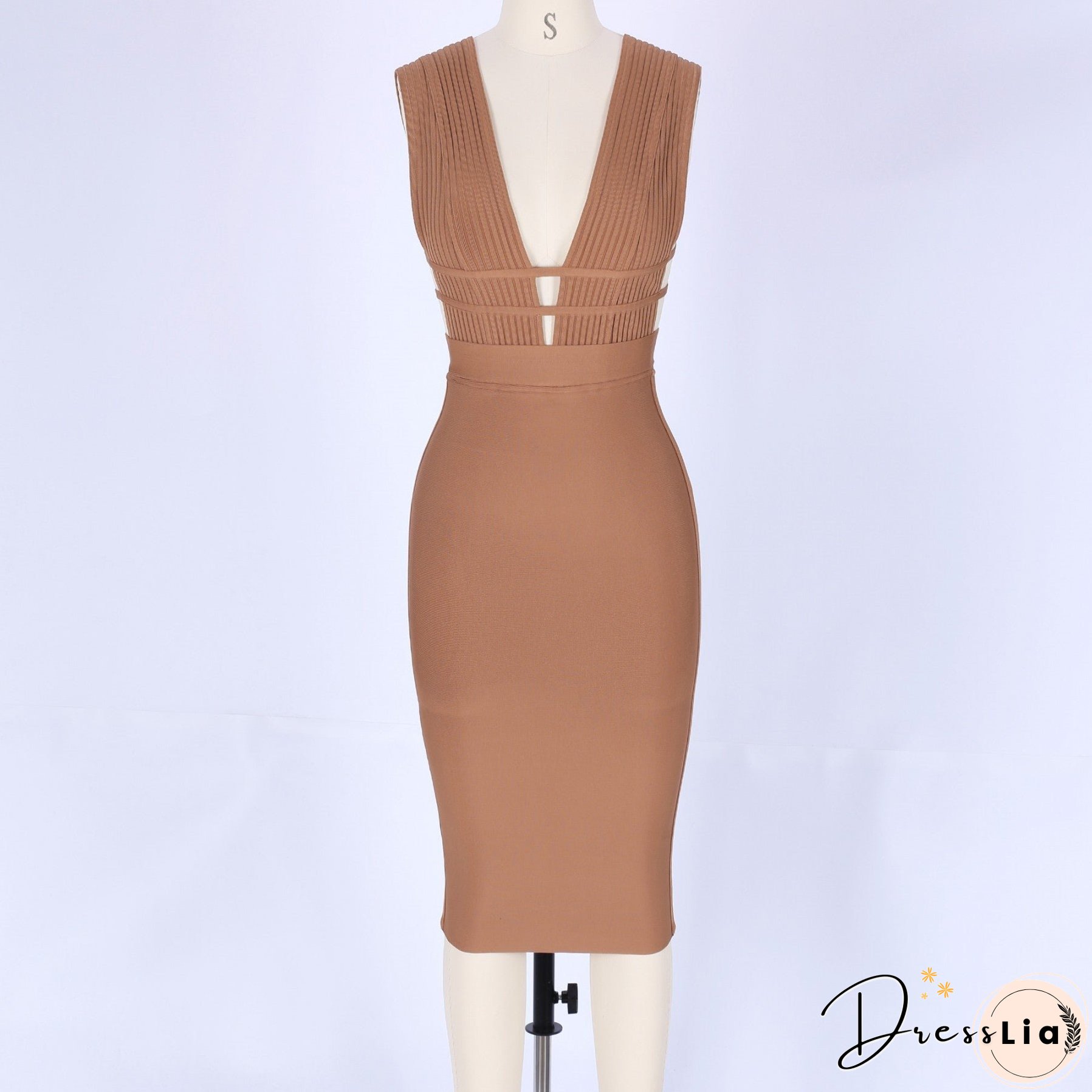 V Neck Sleeveless Hollow Out Midi Bandage Dress PF0803