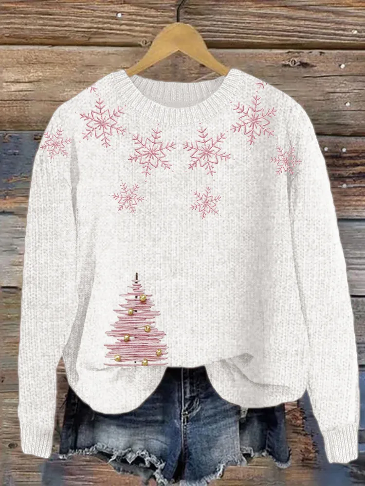 Pink Christmas Tree & Snowflakes Embroidered Cozy Knit Sweater